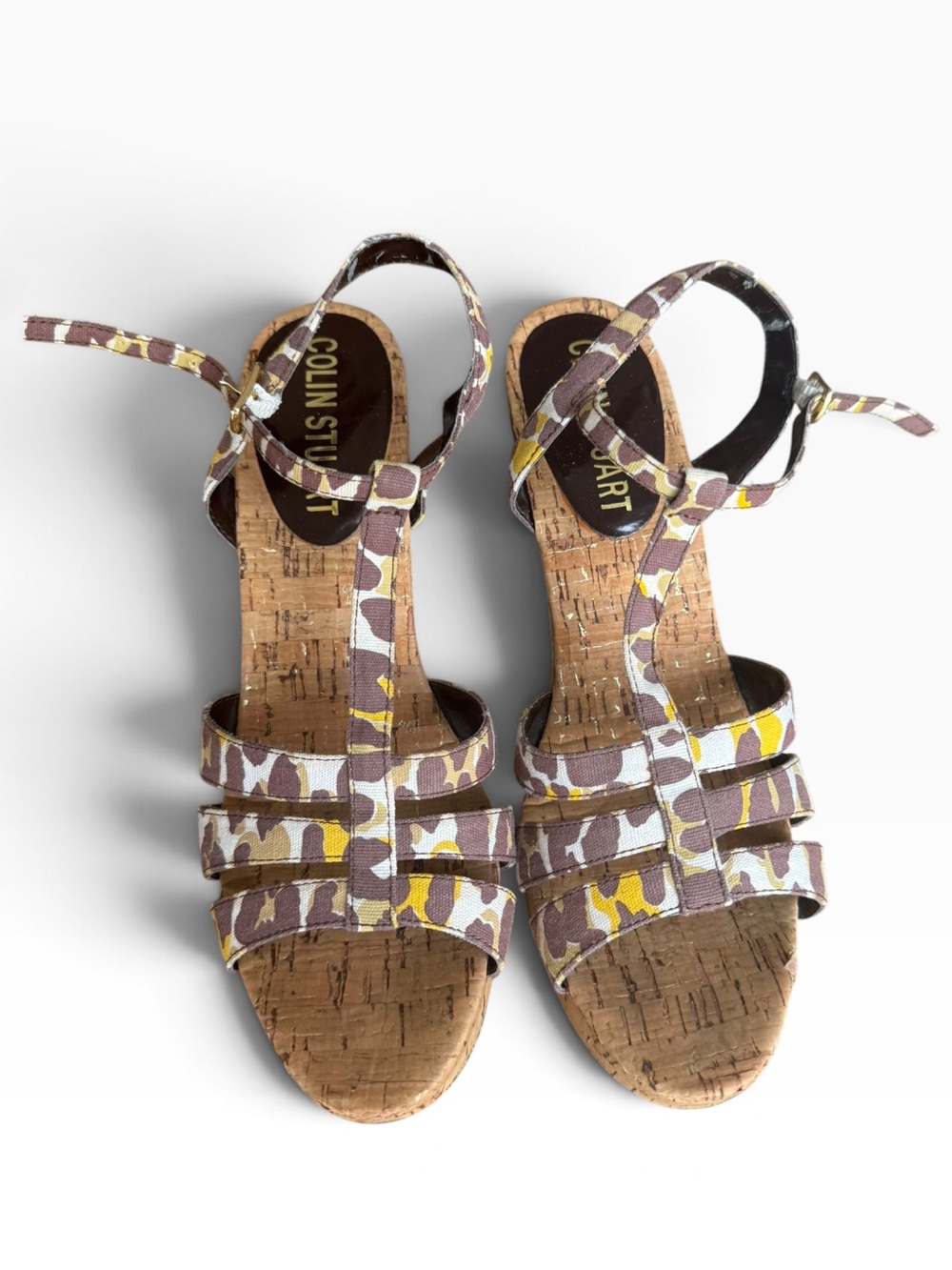 Colin Stuart Brown, Yellow & White Patterned Cork Wedge Sandals